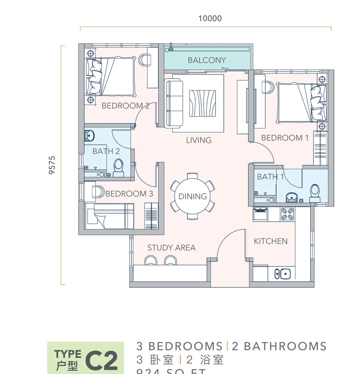 Type C2 three-bedroom official floor plan