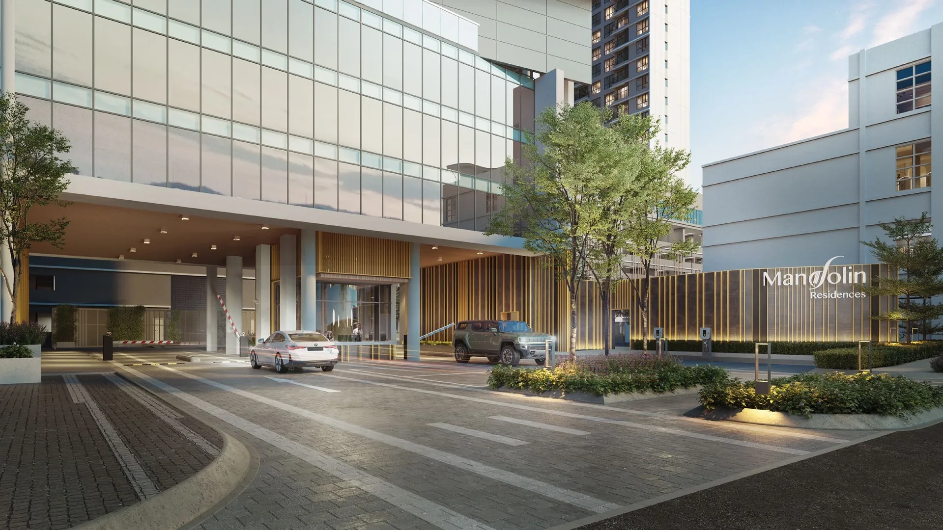 Mandolin Residences entrance and arrival driveway — artist's impression